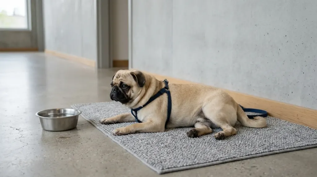 A gentle pug resting its head on an elderly resident's knee during an animal-assisted therapy visit.