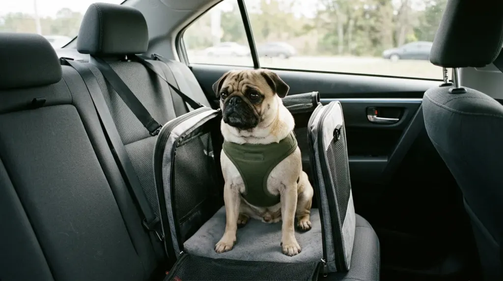A well-trained pug practicing obedience and temperament exercises in a therapy dog preparation class.