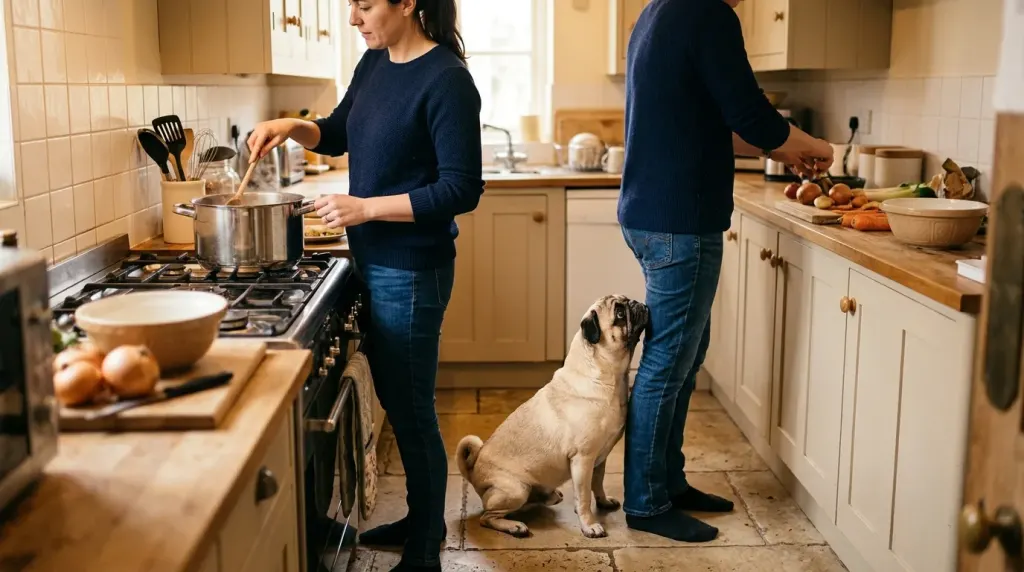 A clingy pug dog demonstrating velcro dog behavior by leaning heavily against its owner's leg in the kitchen.