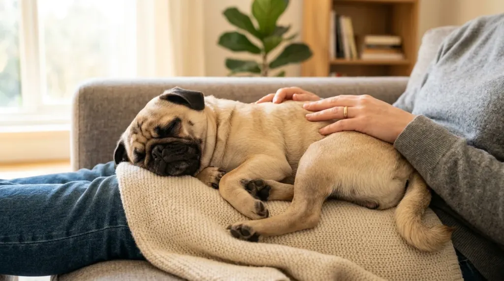 A Pug dog sitting on an owner's lap demonstrating velcro lap dog habits