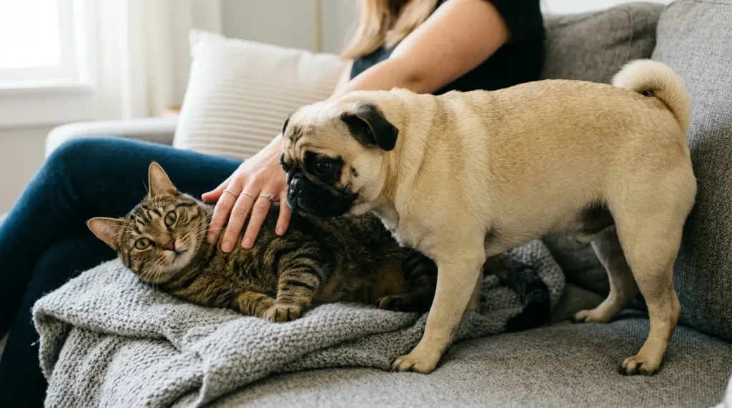 A jealous pug dog nudging its owner's hand away from a cat to claim attention and lap space.