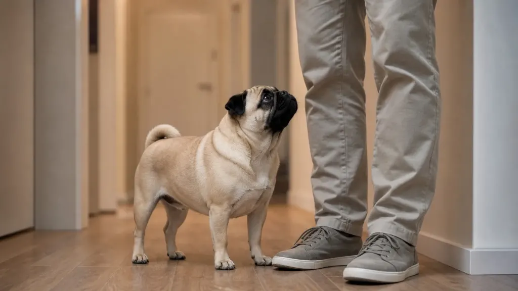 A clingy Pug dog following its owner around the home