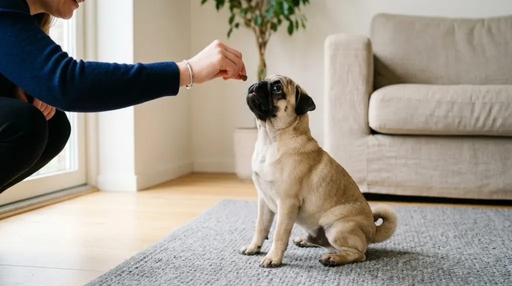 Close-up of a fawn pug dog looking attentively at a training reward during an obedience session.