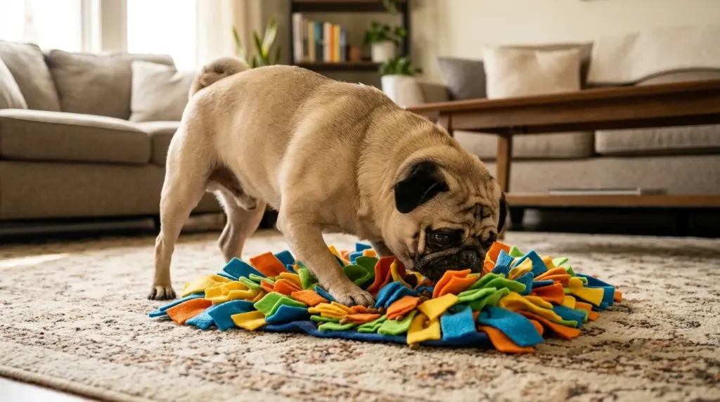 An adult pug engaging in scent-based mental enrichment on a colorful snuffle mat.