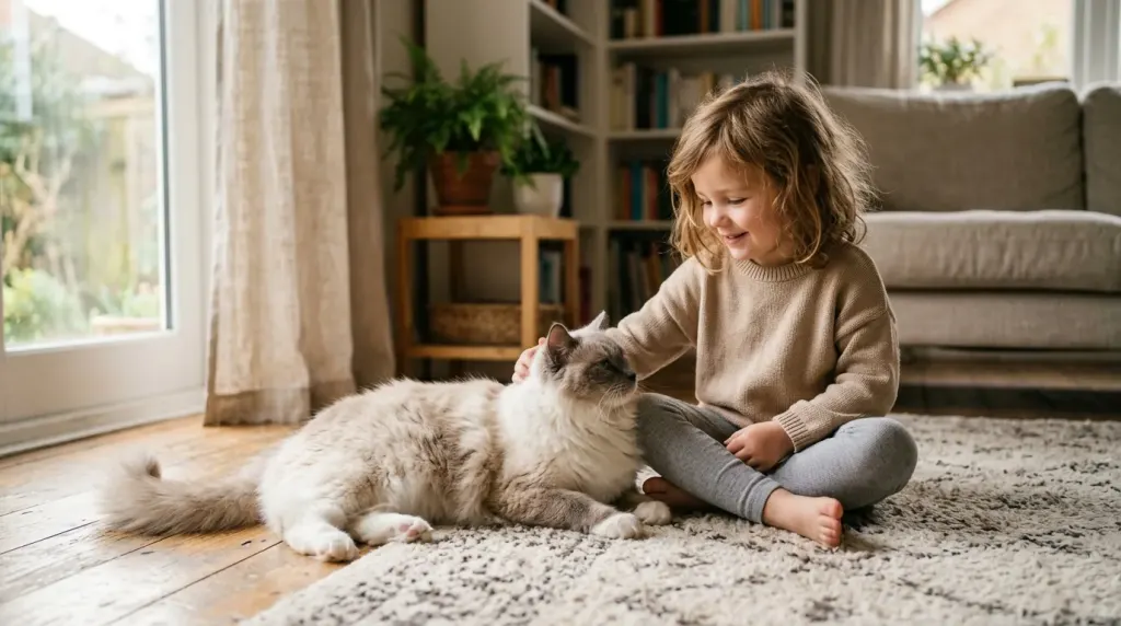 A calm Ragdoll cat sitting gently near a child in a sunlit room
