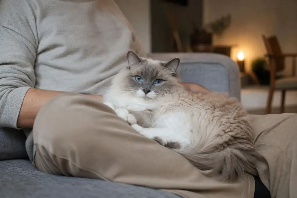 A fluffy Ragdoll cat curled up comfortably on its owner's lap