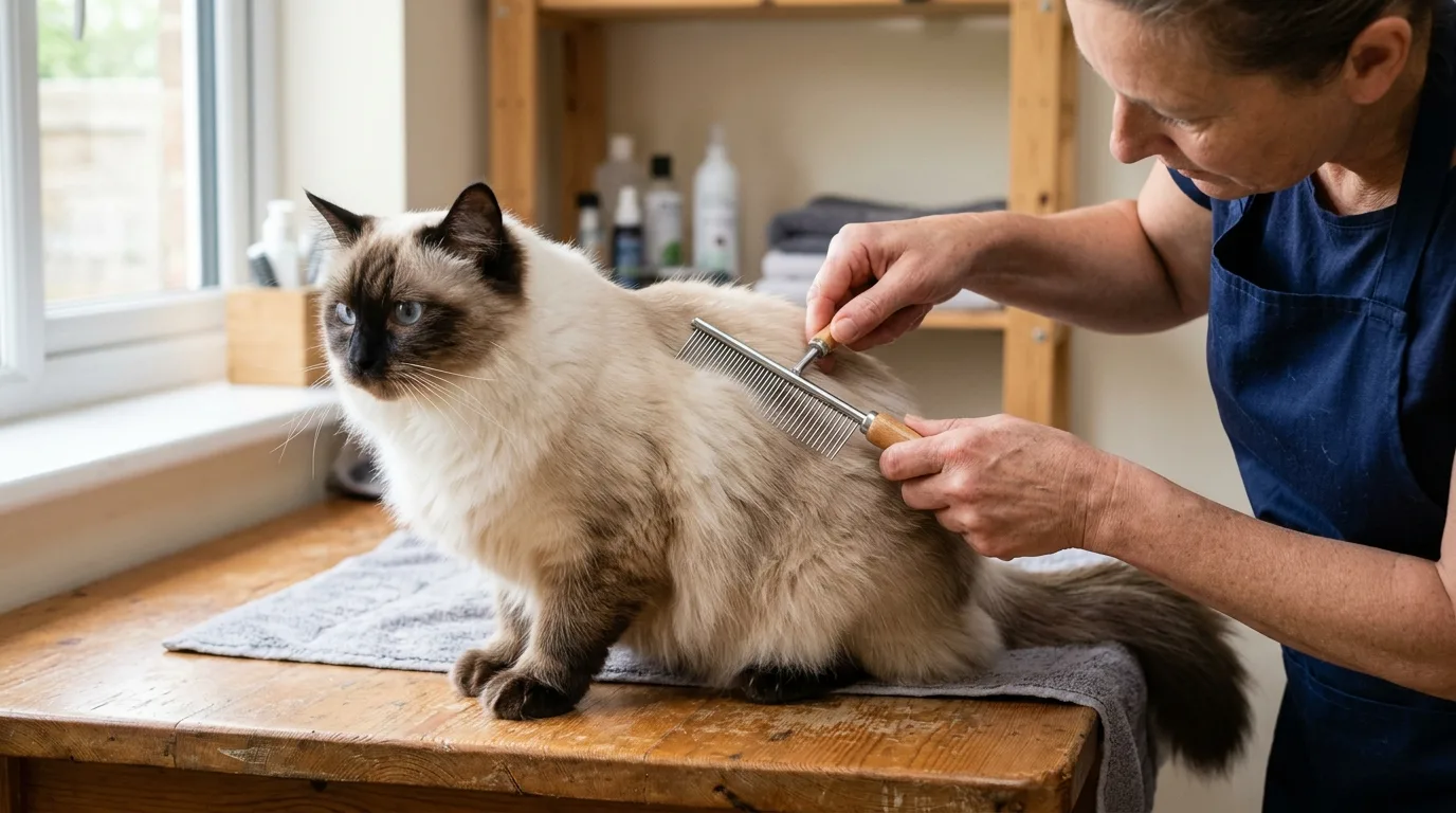 Close-up of grooming a silky seal point Ragdoll cat coat with a stainless steel comb