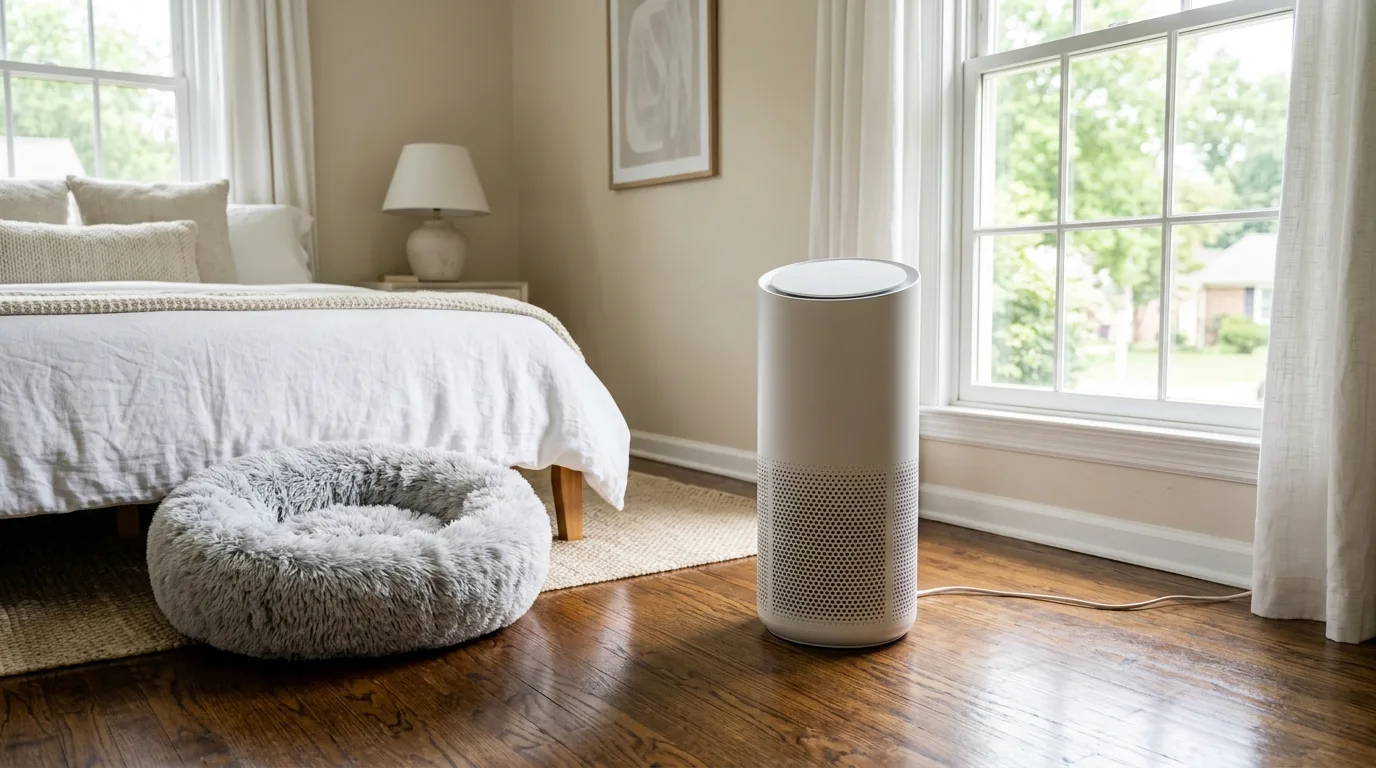 HEPA air purifier operating in a clean bedroom to reduce airborne pet dander