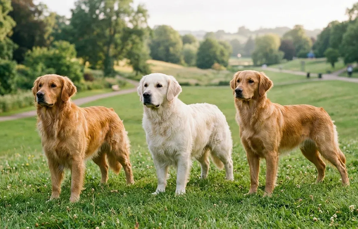 Three types of Golden Retrievers standing together outdoors representing American, English, and Canadian varieties.