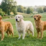Three types of Golden Retrievers standing together outdoors representing American, English, and Canadian varieties.