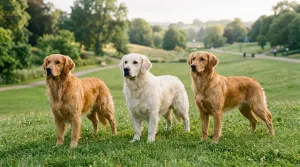 Three types of Golden Retrievers standing together outdoors representing American, English, and Canadian varieties.