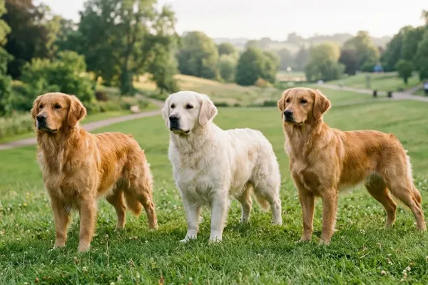 Three types of Golden Retrievers standing together outdoors representing American, English, and Canadian varieties.