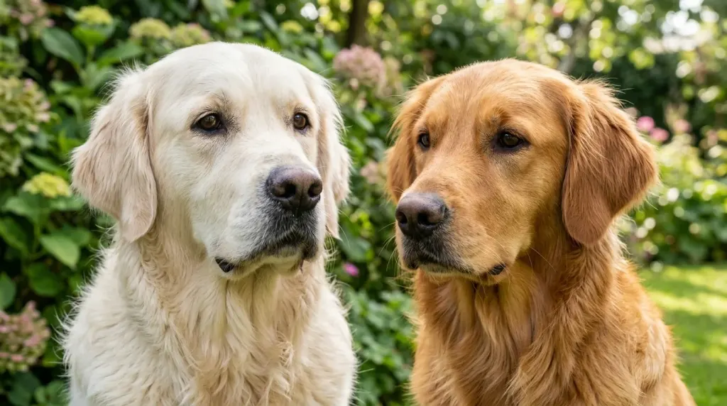Close-up comparison of the head shapes between an English Cream and an American Golden Retriever.