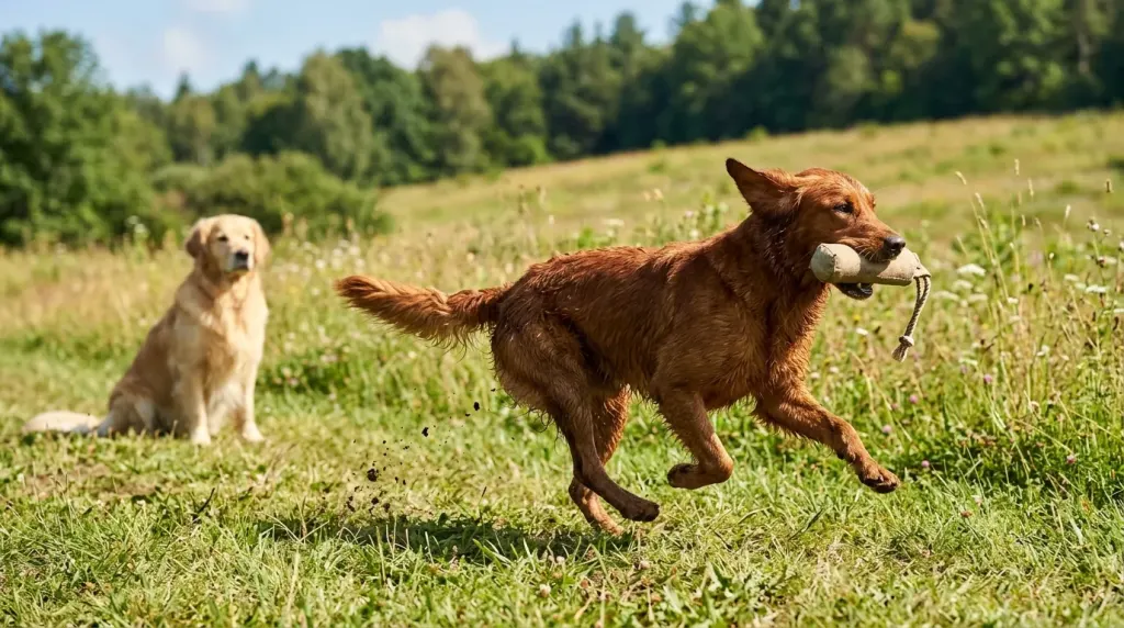 An energetic dark red field Golden Retriever running in a field compared with a seated show Golden Retriever.
