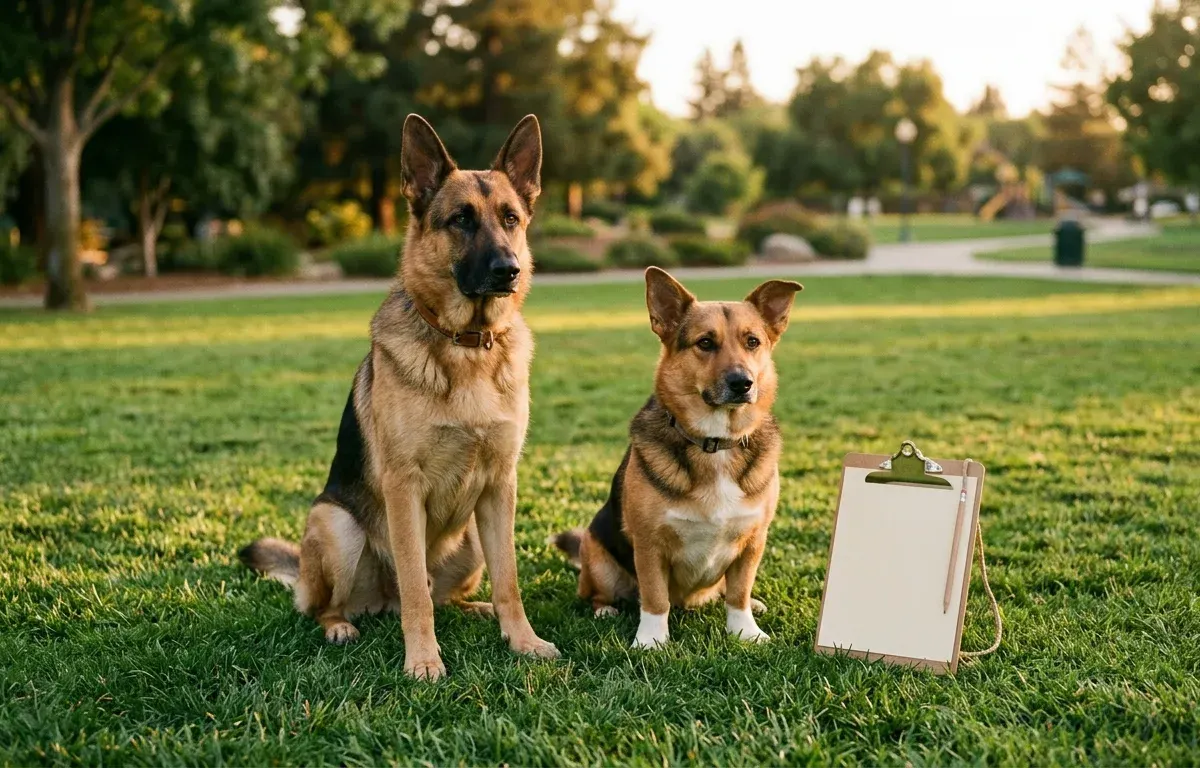 Side by side comparison of a standard German Shepherd and a smaller crossbred miniature shepherd mix in an outdoor park.