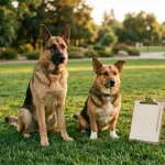 Side by side comparison of a standard German Shepherd and a smaller crossbred miniature shepherd mix in an outdoor park.