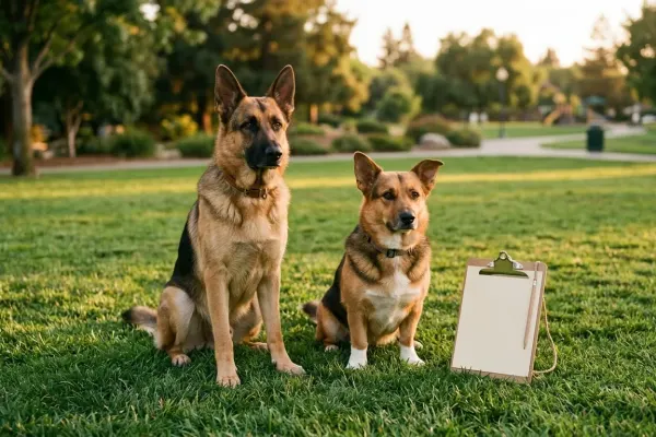 Side by side comparison of a standard German Shepherd and a smaller crossbred miniature shepherd mix in an outdoor park.