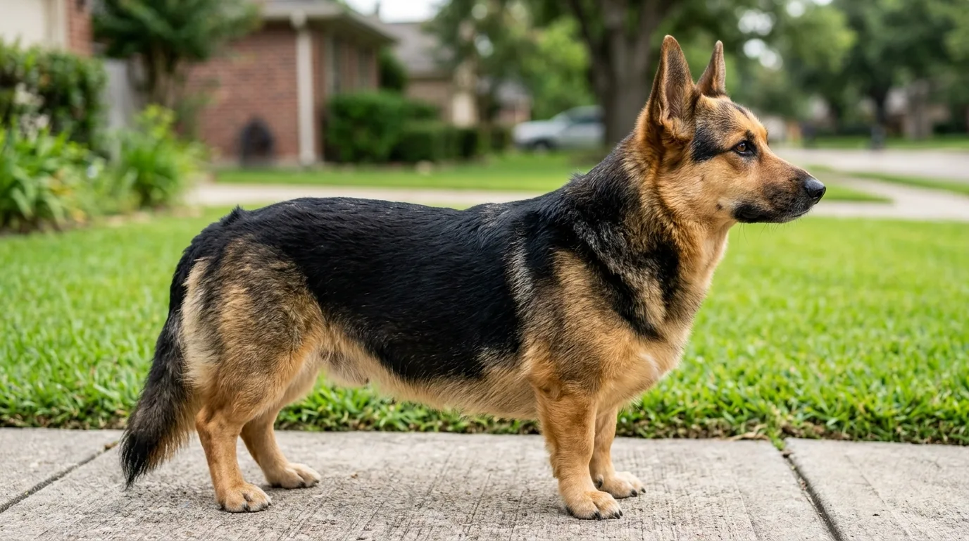 A Corman Shepherd mix showing German Shepherd coloration on a compact Corgi body frame.