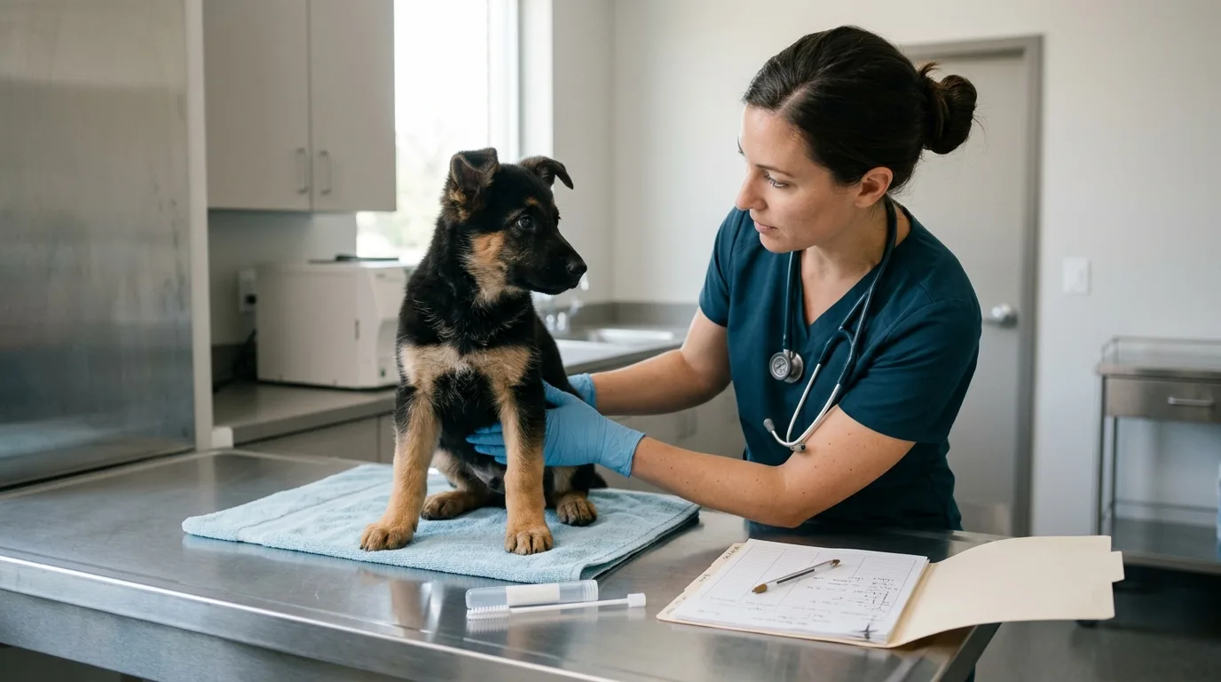 Veterinarian preparing a canine DNA health screening swab in a modern clinic for hereditary genetic testing.