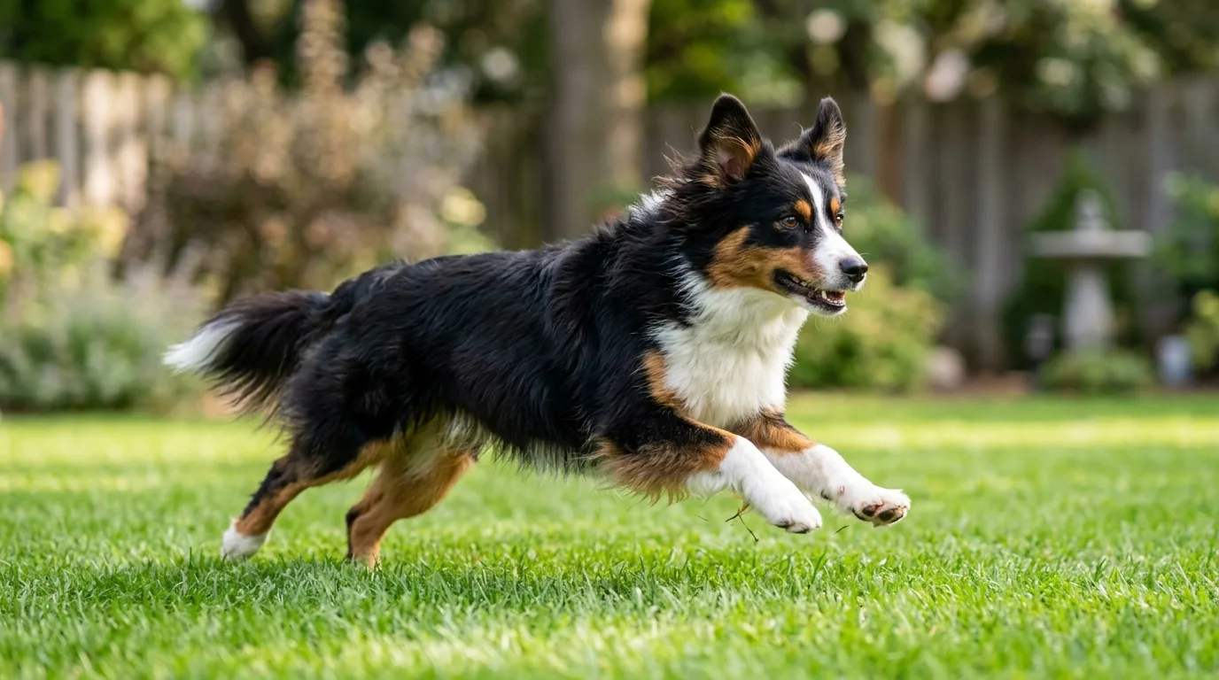 An athletic Miniature American Shepherd running on a green lawn as a healthy alternative to miniature German Shepherds.