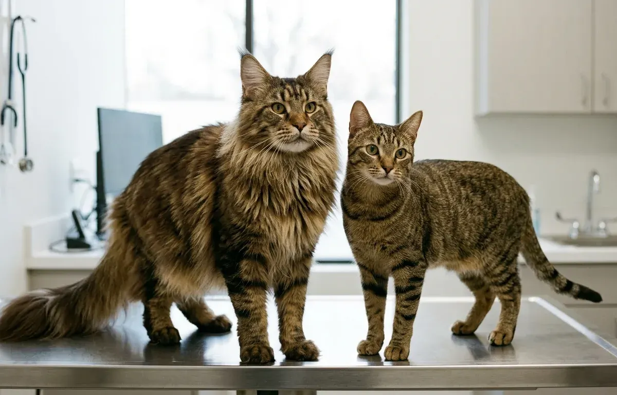 A long-haired purebred Maine Coon standing beside a short-haired domestic tabby cat on a veterinary examination table for coat length comparison.