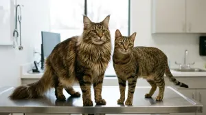 A long-haired purebred Maine Coon standing beside a short-haired domestic tabby cat on a veterinary examination table for coat length comparison.