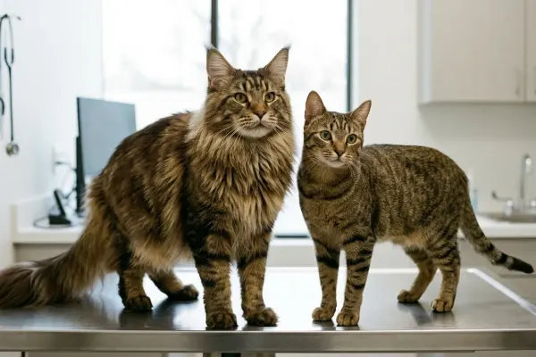 A long-haired purebred Maine Coon standing beside a short-haired domestic tabby cat on a veterinary examination table for coat length comparison.