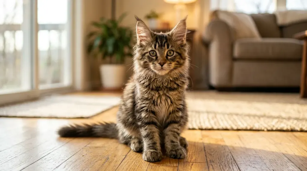 An adolescent six-month-old Maine Coon kitten exhibiting developing medium-length body hair and prominent ear tufts during its short-haired juvenile coat stage.