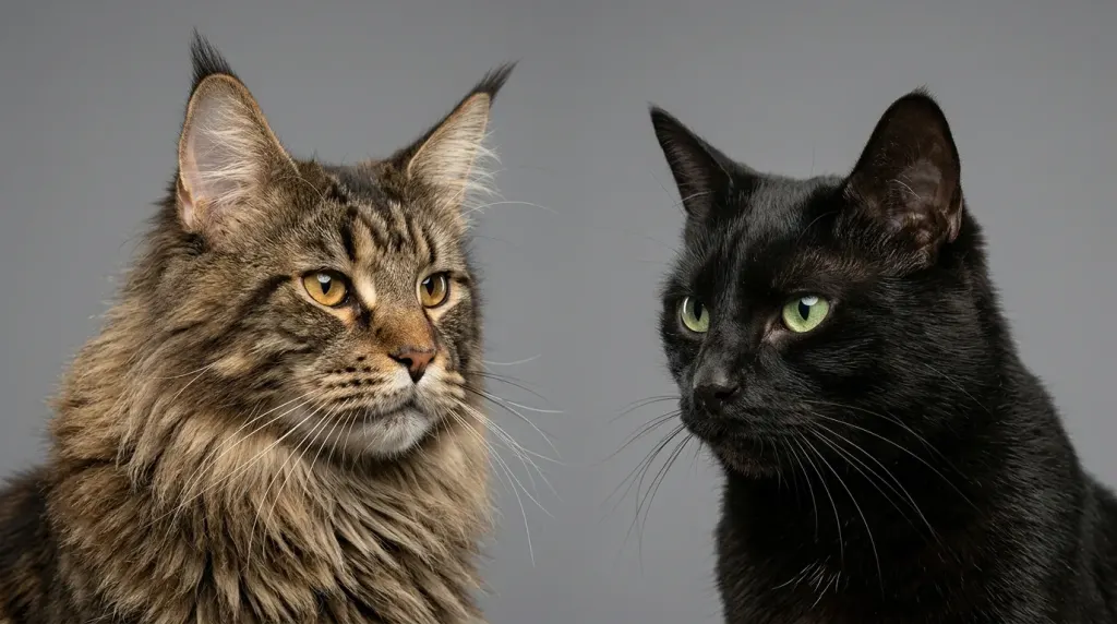 Morphological and hair coat comparison showing the square muzzle of a long-haired Maine Coon next to a short-haired domestic cat.