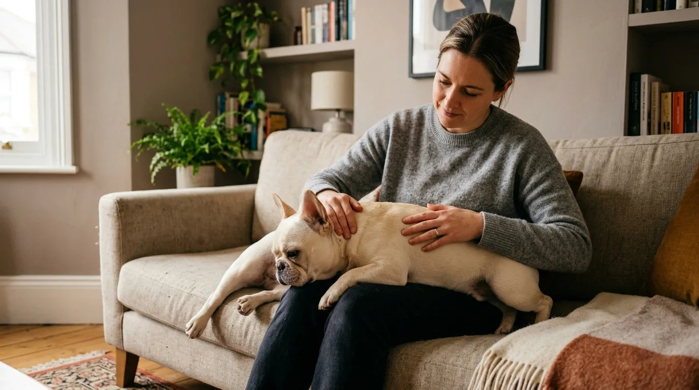 Small French Bulldog performing deep pressure therapy by resting on a handler's lap.