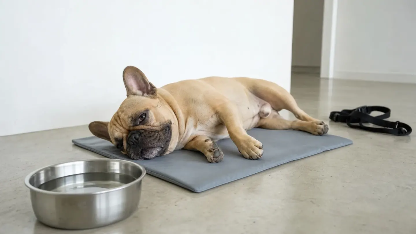 French Bulldog resting on an indoor cooling mat to manage body temperature after work.