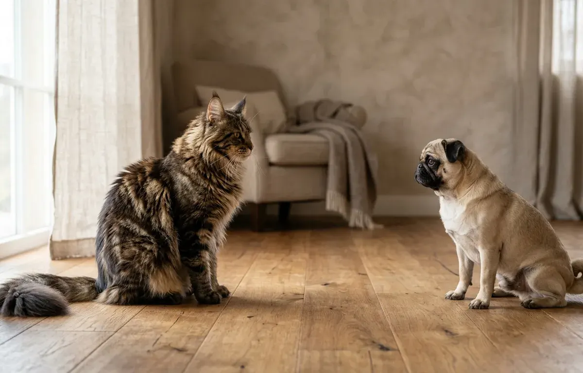 A large tabby Maine Coon cat and a small Pug dog observing each other calmly in a bright home living room.