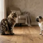 A large tabby Maine Coon cat and a small Pug dog observing each other calmly in a bright home living room.