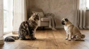 A large tabby Maine Coon cat and a small Pug dog observing each other calmly in a bright home living room.