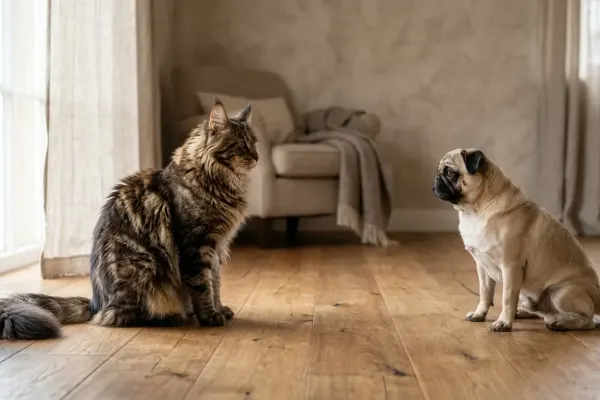 A large tabby Maine Coon cat and a small Pug dog observing each other calmly in a bright home living room.