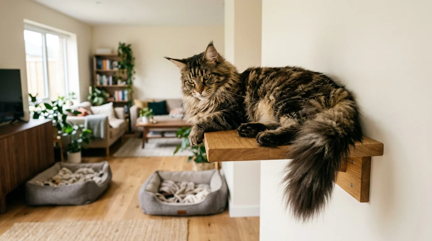 A Maine Coon cat resting on a high vertical cat perch safely above the living room floor.