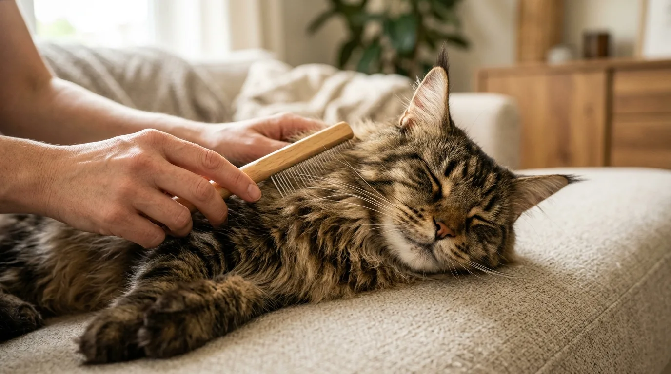 A pet owner gently grooming an adult Maine Coon cat in a relaxed home setting.