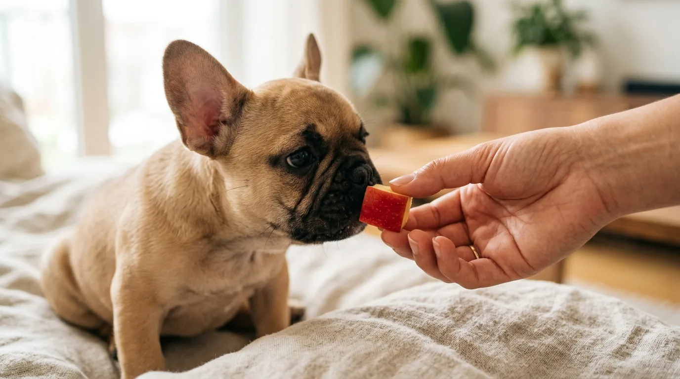 A French Bulldog safely eating a small bite-sized apple slice.