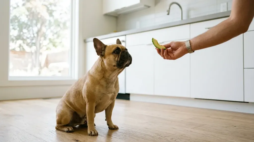 A French Bulldog looking at a small safe portion of plain avocado flesh.