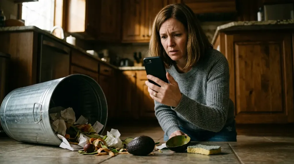 An owner calling the vet after their dog accessed an avocado pit from the trash.