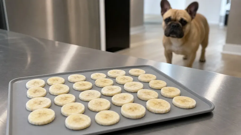 French Bulldog resting beside a silicone treat tray with portion-controlled fruit snacks