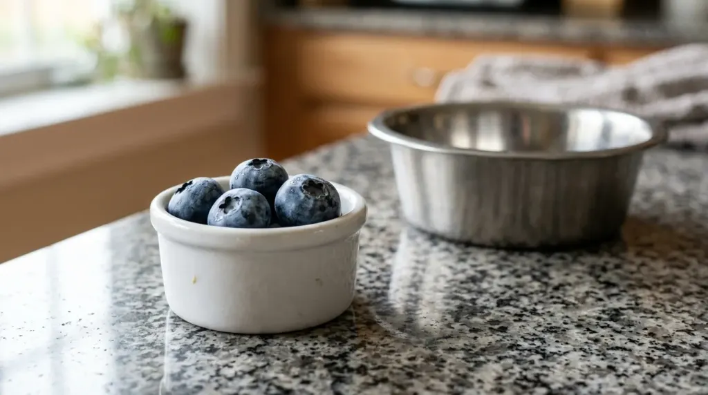 Fresh blueberries sliced in half on a cutting board for safe portion control.