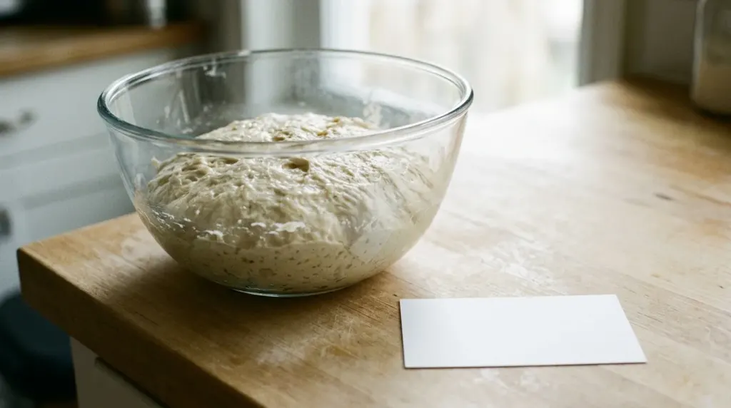 Raw bread dough in a bowl, which is a veterinary emergency if eaten by a dog.