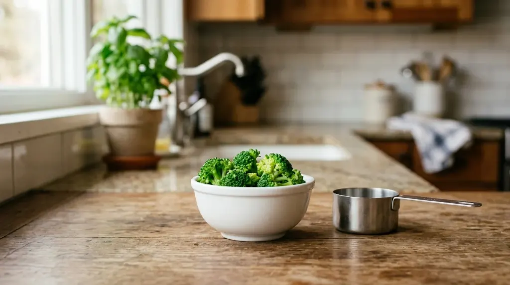 A small bowl of plain, cooked bite-sized broccoli florets.