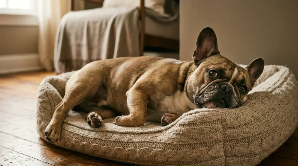 A French Bulldog resting comfortably indoors.