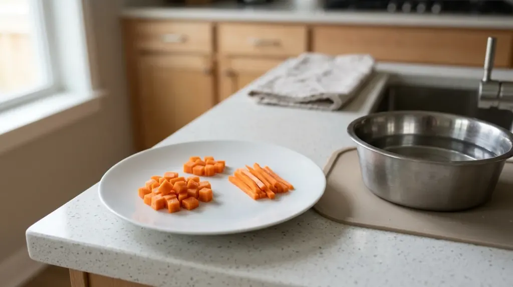 Small carrot cubes and thin sticks prepared safely for a dog