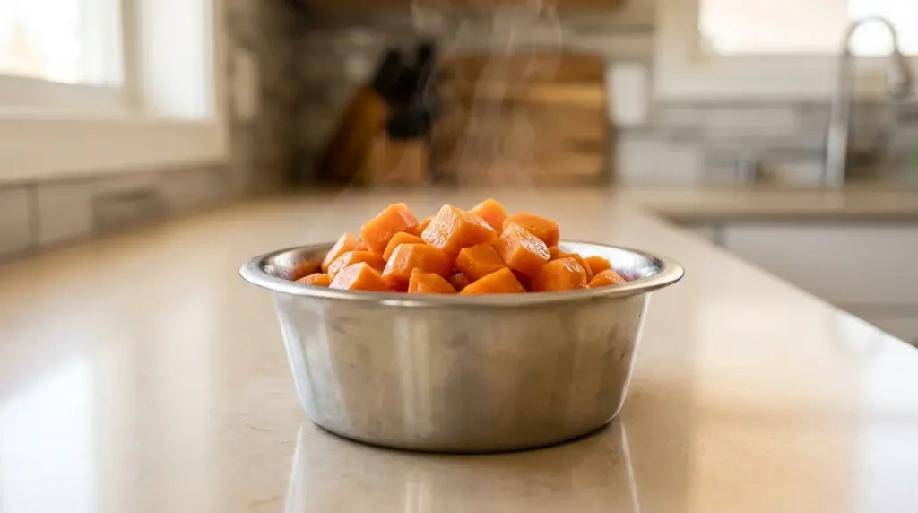 Steamed soft diced carrots in a stainless steel bowl prepared for easy canine digestion.
