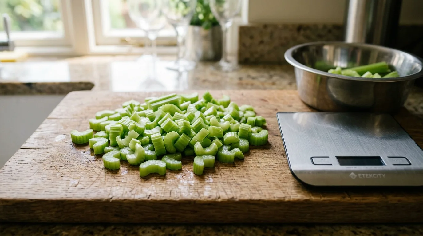 Fresh green celery stalks chopped into small bite-sized pieces on a cutting board.