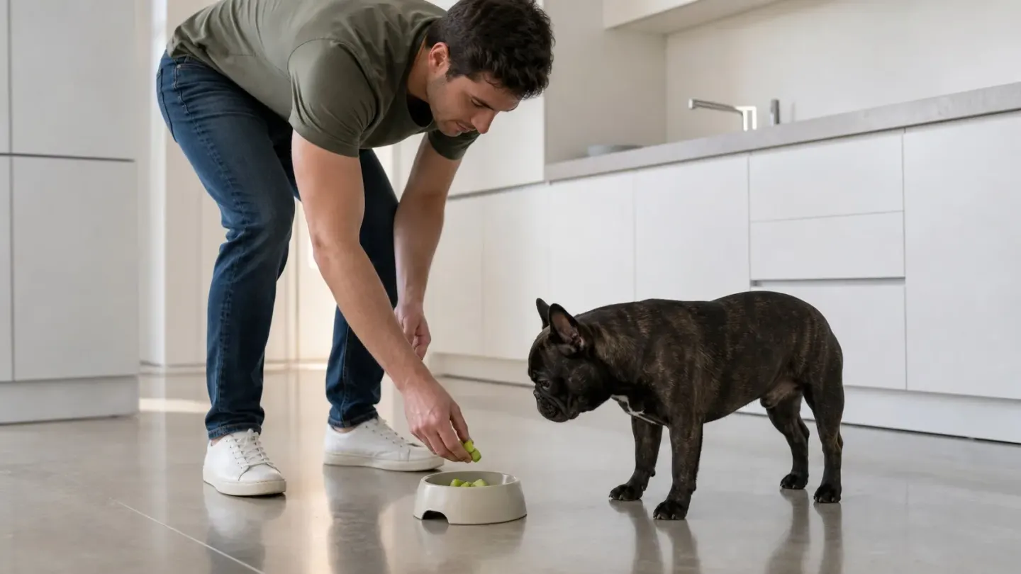 A pet owner serving a small portion of chopped celery to a French Bulldog.
