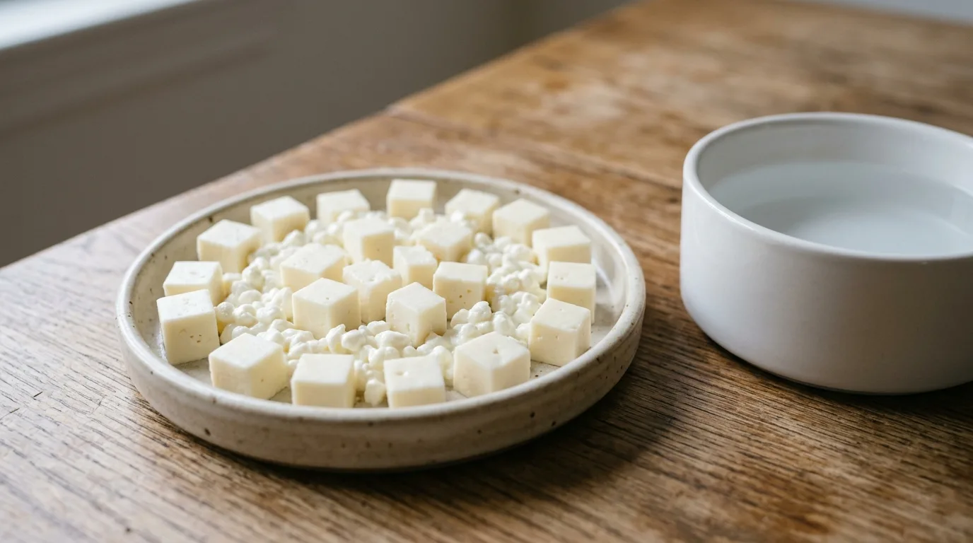 Portion-controlled safe low-fat mozzarella cheese cubes served on a pet dish.